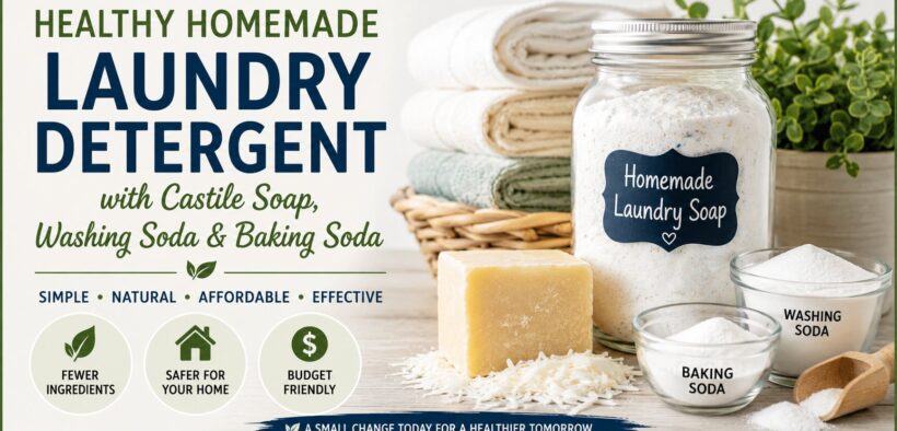 Healthy-homemade-laundry-detergent-ingredients-featuring-Castile-soap-washing-soda-baking-soda-and-powdered-laundry-soap-beside-folded-towels