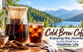 Cold-brew-coffee-in-a-glass-pitcher-with-a-reusable-cotton-filter-and-iced-coffee-overlooking-a-peaceful-mountain-lake-on-the-Road-to-a-Healthier-Life