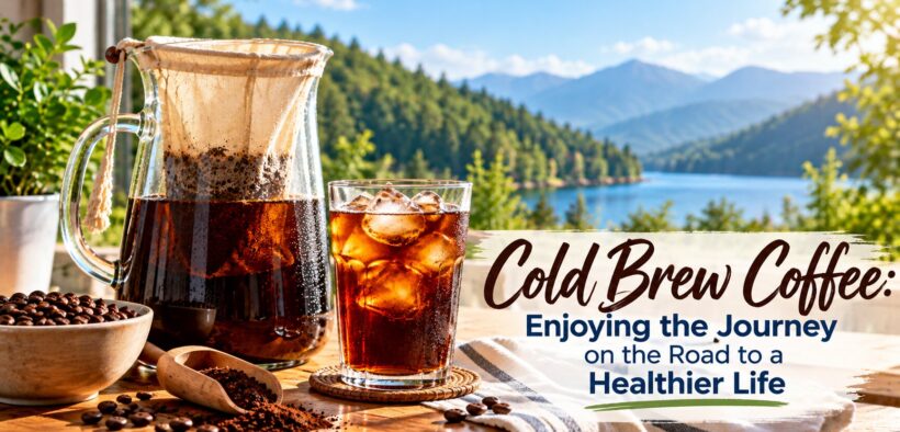 Cold-brew-coffee-in-a-glass-pitcher-with-a-reusable-cotton-filter-and-iced-coffee-overlooking-a-peaceful-mountain-lake-on-the-Road-to-a-Healthier-Life
