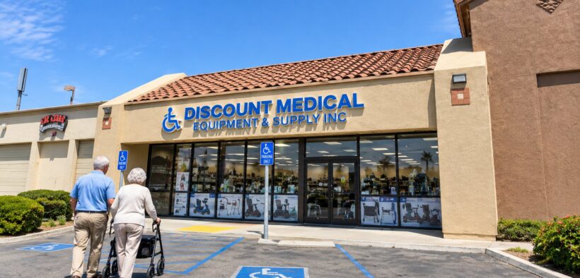 Discount-Medical-–-Mobility-Equipment-Supplies-storefront-in-Costa-Mesa-California-with-an-older-couple-walking-toward-the-medical-supply-store-using-a-rollator.